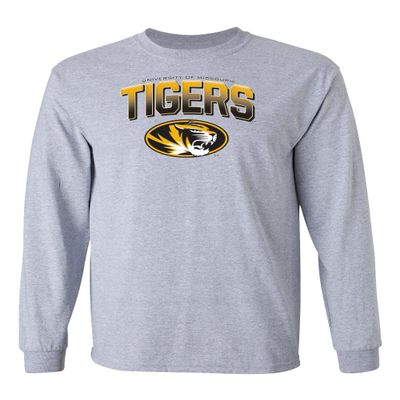 CornBorn Missouri Mens Tshirt - Long Sleeve Full Color Fade Tigers Logo - Gray - 2X