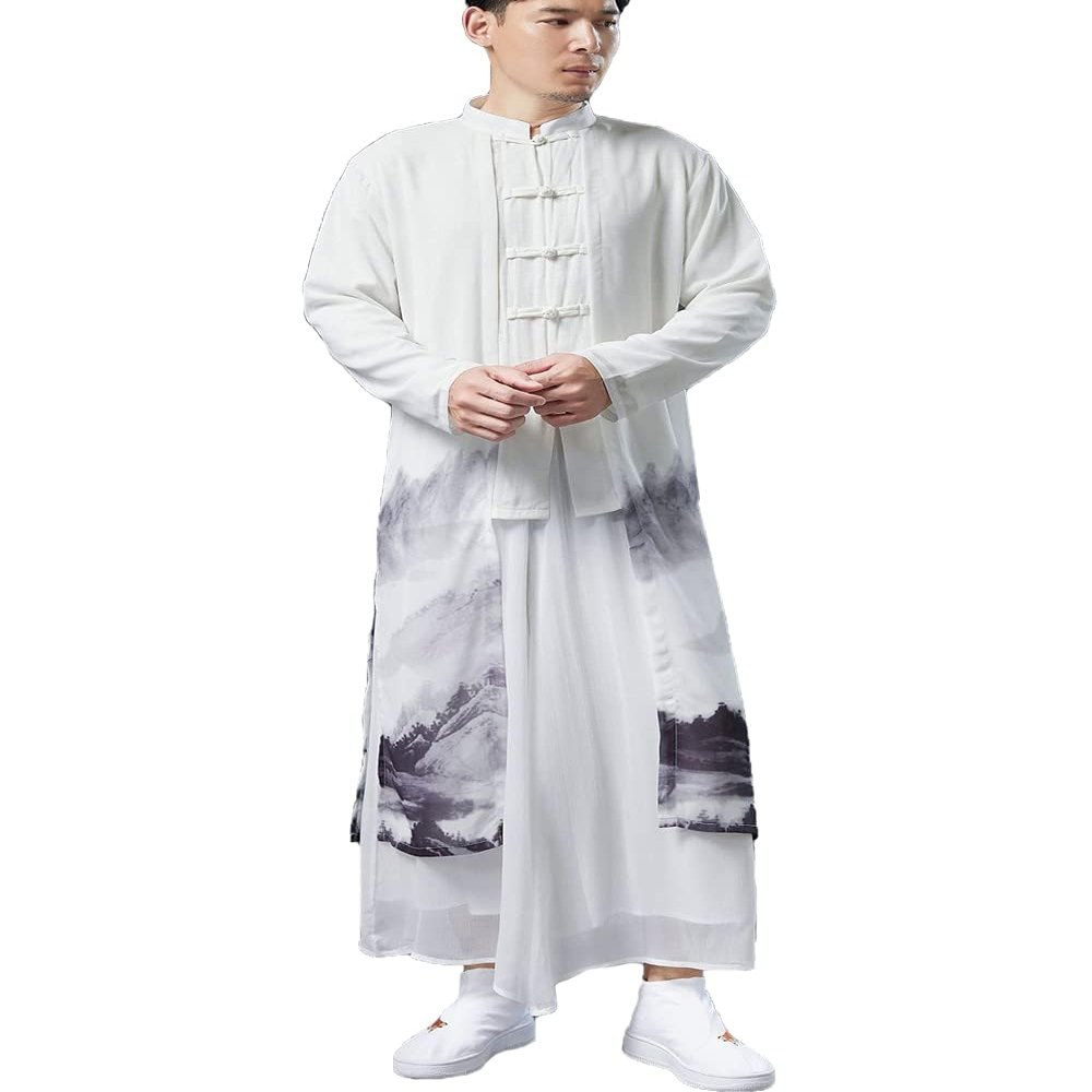 CORETIC Chinese Style Men's Trench Coat Long Tang Suit Kung Fu Cotton Linen Robe Fake Two Piece Jackets (White-printed, Large)