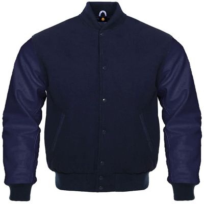 Cow Leather Sleeves Varsity Letterman Baseball Bomber Jackets (35 Colors Option) (US, Alpha, 3X-Large, Regular, Regular, Solid Navy)