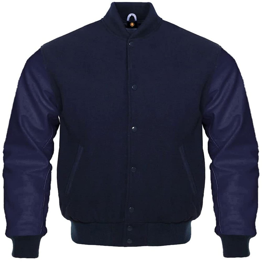 Cow Leather Sleeves Varsity Letterman Baseball Bomber Jackets (35 Colors Option) (US, Alpha, 3X-Large, Regular, Regular, Solid Navy)