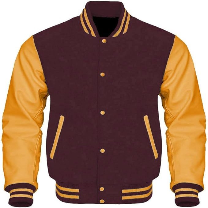 Cow Leather Sleeves Varsity Letterman Baseball Bomber Jackets (35 Colors Option) (US, Alpha, Medium, Regular, Regular, Maroon Gold)