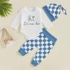 aporake Newborn Boy Outfit Baby Boy Fall Clothes Letter Print Romper Checkerboard Pants Color Block Clothing Sets (Blue-2, 6-12 Months) view 2