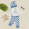 aporake Newborn Boy Outfit Baby Boy Fall Clothes Letter Print Romper Checkerboard Pants Color Block Clothing Sets (Blue-2, 6-12 Months) view 3