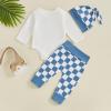 aporake Newborn Boy Outfit Baby Boy Fall Clothes Letter Print Romper Checkerboard Pants Color Block Clothing Sets (Blue-2, 6-12 Months) view 4