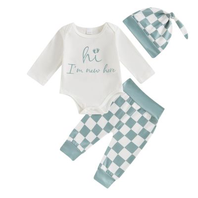 aporake Newborn Boy Outfit Baby Boy Fall Clothes Letter Print Romper Checkerboard Pants Color Block Clothing Sets (Green-2, 12-18 Months)