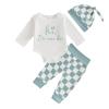 aporake Newborn Boy Outfit Baby Boy Fall Clothes Letter Print Romper Checkerboard Pants Color Block Clothing Sets (Green-2, 12-18 Months) view 1