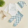 aporake Newborn Boy Outfit Baby Boy Fall Clothes Letter Print Romper Checkerboard Pants Color Block Clothing Sets (Green-2, 12-18 Months) view 2