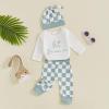 aporake Newborn Boy Outfit Baby Boy Fall Clothes Letter Print Romper Checkerboard Pants Color Block Clothing Sets (Green-2, 12-18 Months) view 3