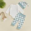 aporake Newborn Boy Outfit Baby Boy Fall Clothes Letter Print Romper Checkerboard Pants Color Block Clothing Sets (Green-2, 12-18 Months) view 4