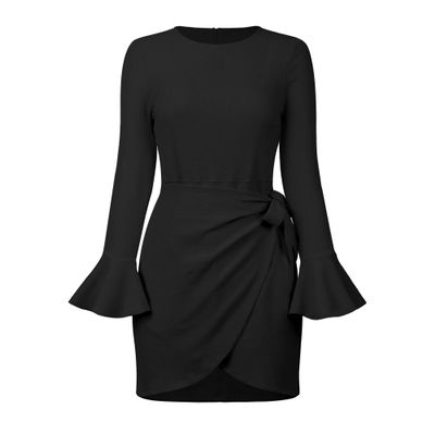 Women's Casual Crewneck Long Sleeve Dress Layered Ruffle Hem A Line Mini Dress Elegant Party Pullover Dress (Small,Black)