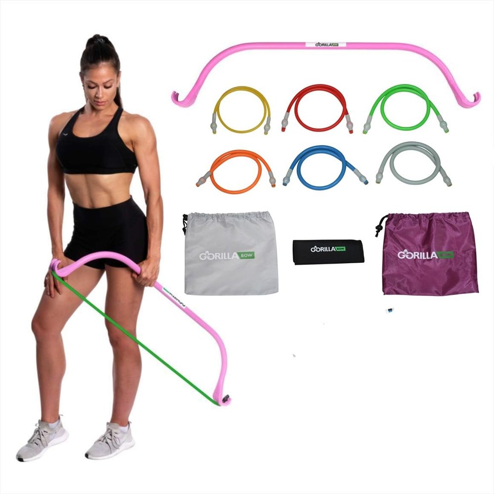 Gorilla Bow Lite Portable Home Gym System, Strength Training Equipment 100 Plus Workouts, All in One Exercise Equipment for Travel, Home Gym & Outdoor Workouts (Lite Bow, Pink, Heavy Bundle)