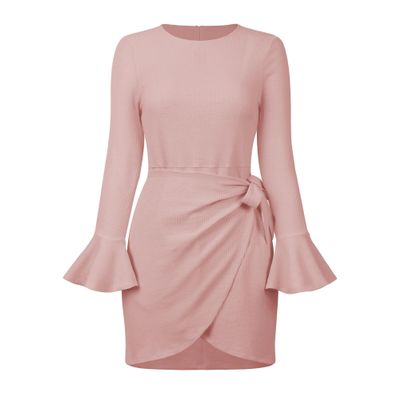 Women's Casual Crewneck Long Sleeve Dress Layered Ruffle Hem A Line Mini Dress Elegant Party Pullover Dress (X-Large,Pink)