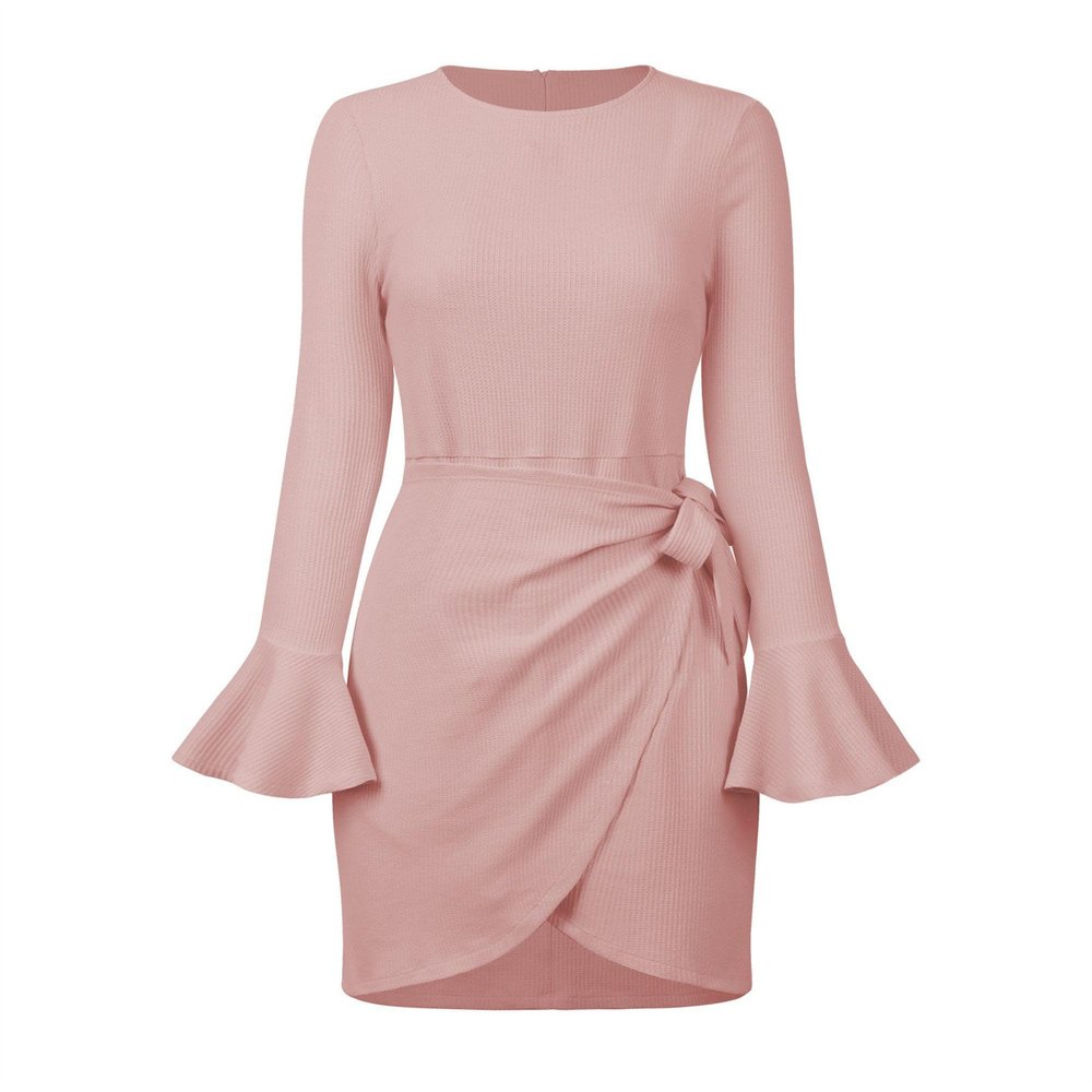 Women's Casual Crewneck Long Sleeve Dress Layered Ruffle Hem A Line Mini Dress Elegant Party Pullover Dress (X-Large,Pink)