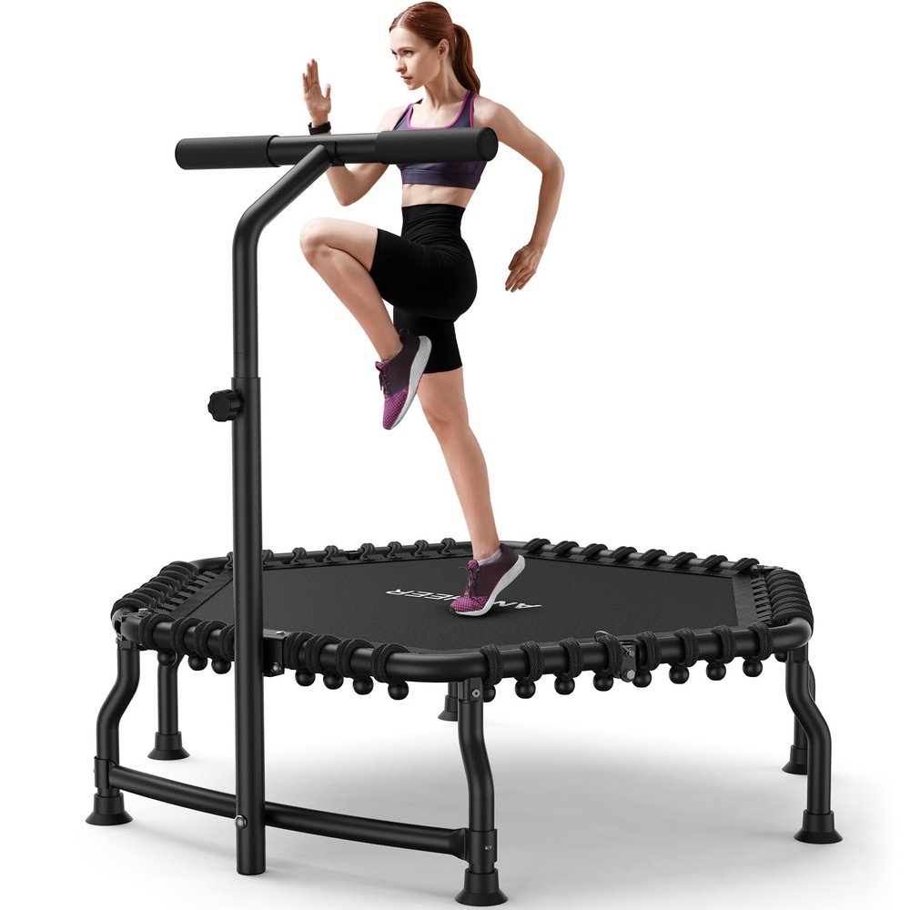 ANCHEER 50" Foldable Fitness Trampoline for Adults & Kids, 550 lbs Capacity Bungee Rebounder with Adjustable Handle, Quiet Cardio Workout Equipment for Home Gym, Low Impact Training Indoor/Outdoor Use