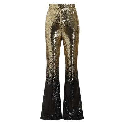 IDOPIP Women Shinny Sequins Pants Sparkly Glitters Flared Leg Pants Evening Club Party Wide Leg Bell Bottom Legging Pants Casual High Waisted Trousers Lounge Long Pants Black+Gold S
