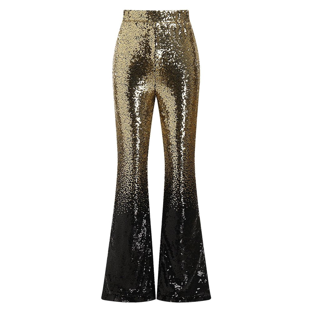 IDOPIP Women Shinny Sequins Pants Sparkly Glitters Flared Leg Pants Evening Club Party Wide Leg Bell Bottom Legging Pants Casual High Waisted Trousers Lounge Long Pants Black+Gold S