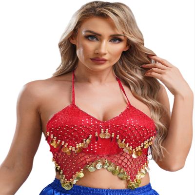 iiniim Womens Glitter Sequins Belly Dance Bra Top Halter Beads Tassel Crop Top Dance Costume Red One Size