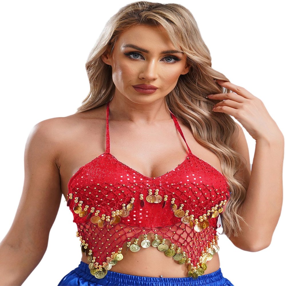 iiniim Womens Glitter Sequins Belly Dance Bra Top Halter Beads Tassel Crop Top Dance Costume Red One Size
