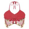 iiniim Womens Glitter Sequins Belly Dance Bra Top Halter Beads Tassel Crop Top Dance Costume Red One Size view 4