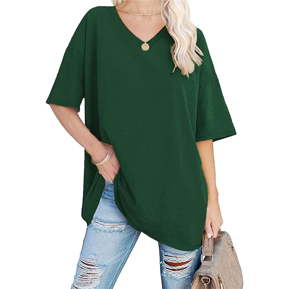 Women's Half Sleeve Oversized T Shirts V Neck Cozy Comfy Tunic Summer Tops Casual Loose Fit Cotton Tops (Dark Green,Small)