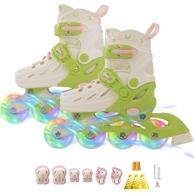 Adjustable Inline Skates with Knee Pads Wrist Guards Protective Gear Set for Boys Girls Ages 4-12 with Full Light Up Wheels, Roller Skates Blades Skates for Youth Kids Indoor & Outdoor Beginners