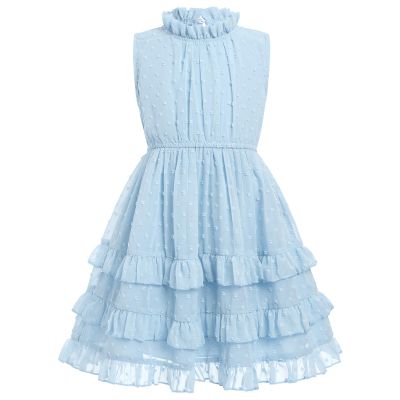 IBTOM CASTLE Girls Swiss Dot Summer Dress Sleeveless Chiffon Casual Flowy Dress Toddlers A-Line Halter Neck Ruff Collar Sundress Midi Casual Beach Party Dress Blue 5-6 Years