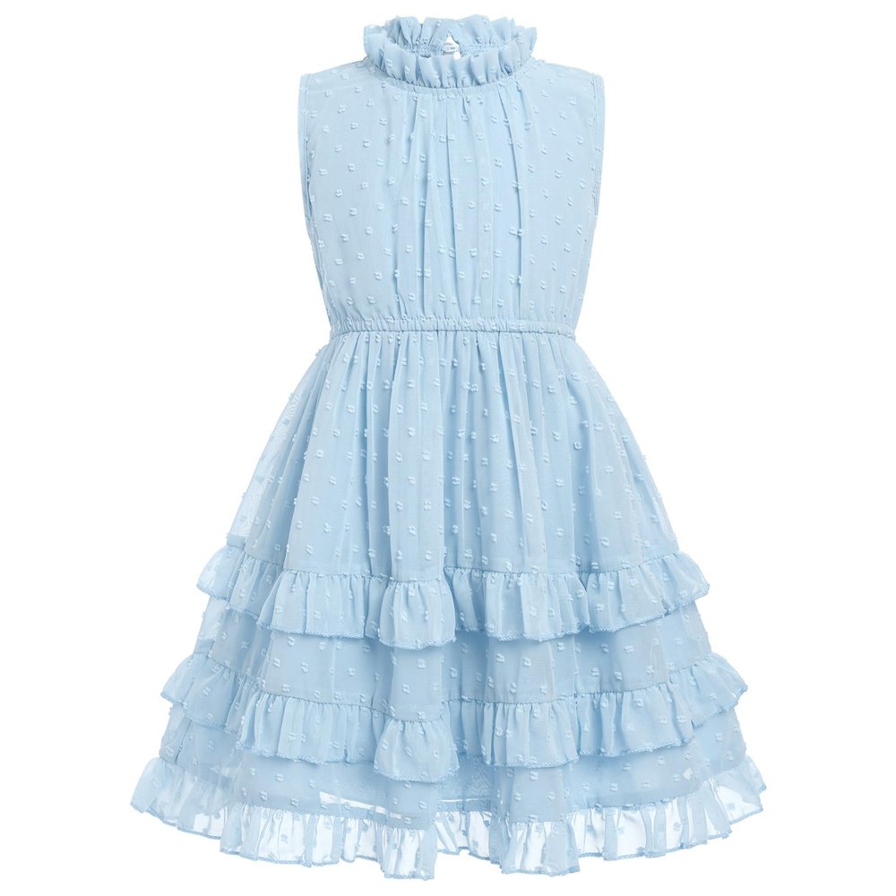 IBTOM CASTLE Girls Swiss Dot Summer Dress Sleeveless Chiffon Casual Flowy Dress Toddlers A-Line Halter Neck Ruff Collar Sundress Midi Casual Beach Party Dress Blue 5-6 Years