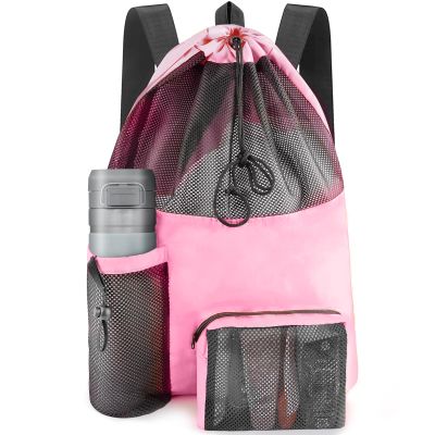 HOHOM Mesh Swim Bag, Waterproof Drawstring Beach Backpack for Women & Men, Large Swim Gear Accessory (L-Pink)
