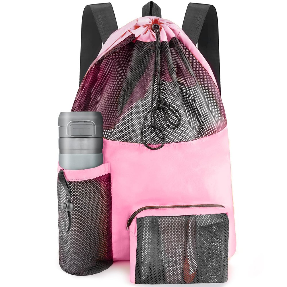 HOHOM Mesh Swim Bag, Waterproof Drawstring Beach Backpack for Women & Men, Large Swim Gear Accessory (L-Pink)