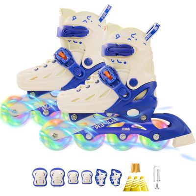 Adjustable Inline Skates with Knee Pads Wrist Guards Protective Gear Set for Boys Girls Ages 4-12 with Full Light Up Wheels, Roller Skates Blades Skates for Youth Kids Indoor & Outdoor Beginners