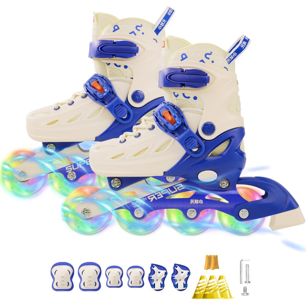 Adjustable Inline Skates with Knee Pads Wrist Guards Protective Gear Set for Boys Girls Ages 4-12 with Full Light Up Wheels, Roller Skates Blades Skates for Youth Kids Indoor & Outdoor Beginners