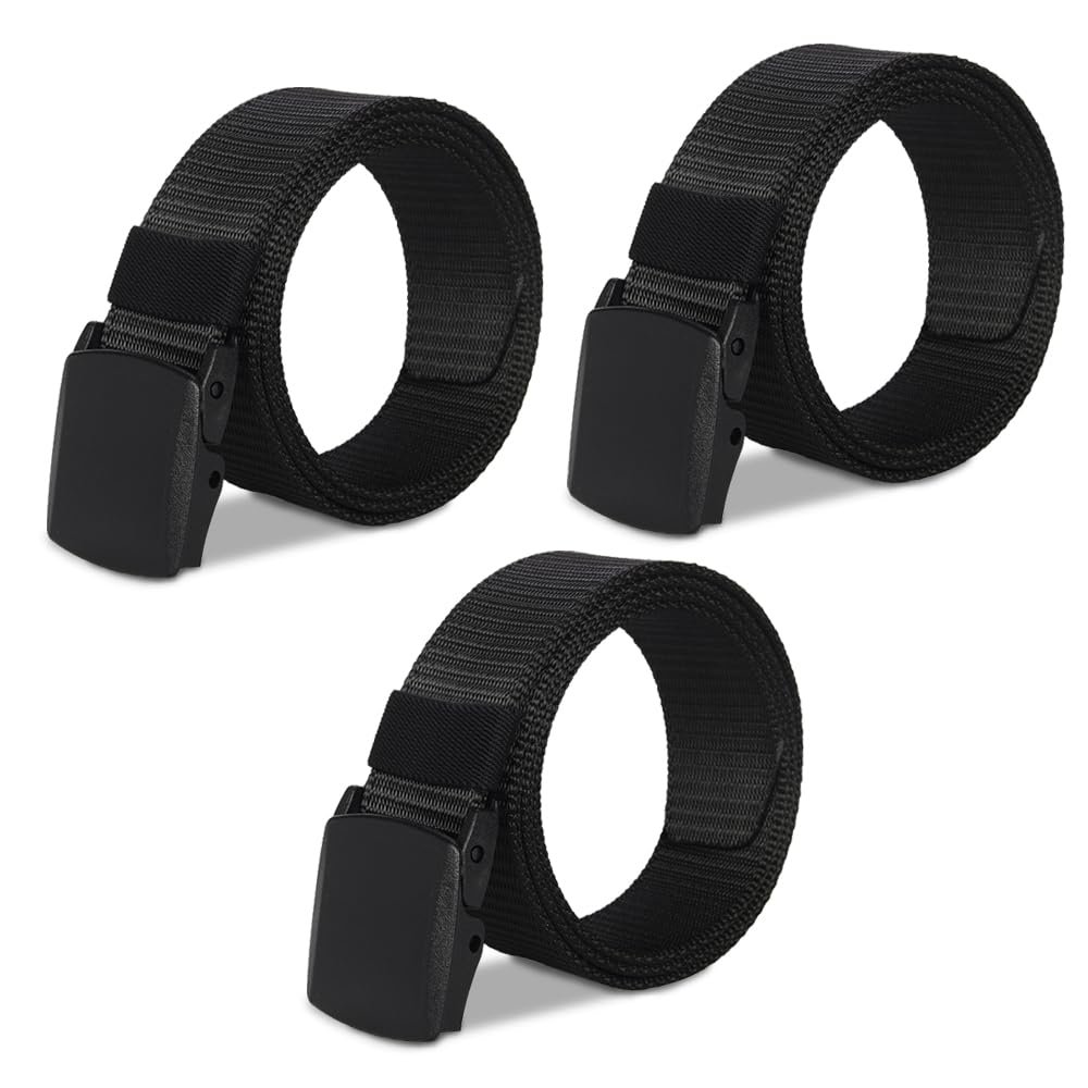 3PCS Mens Tactical Belt, Nylon Belt for Men, Adjustable Golf Belt with Plastic Buckle, Fast Pass Through the Airport Security, Black Belt Suitable for Anywhere(47inch)