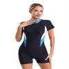 Hedmy Women Modest One Piece Swimsuit Short Sleeve Rash Guard Snorkel Surf Swimwear Sports Boyleg Bathing Suit Blue Medium view 2
