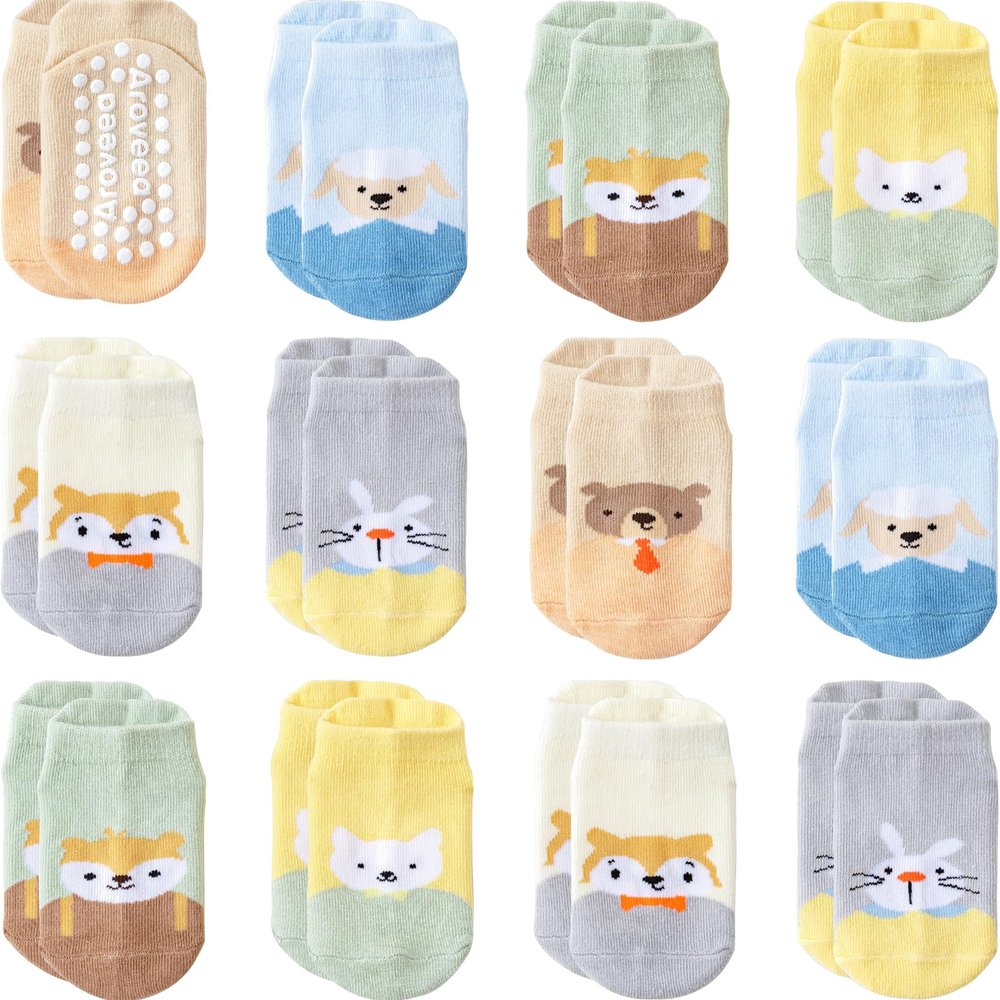 Aroveea Baby Toddler Socks Grip Non Slip Boys Girls Cotton 12 Pack for 3-5T Kids Ankle Cute Socks 6M-7Years