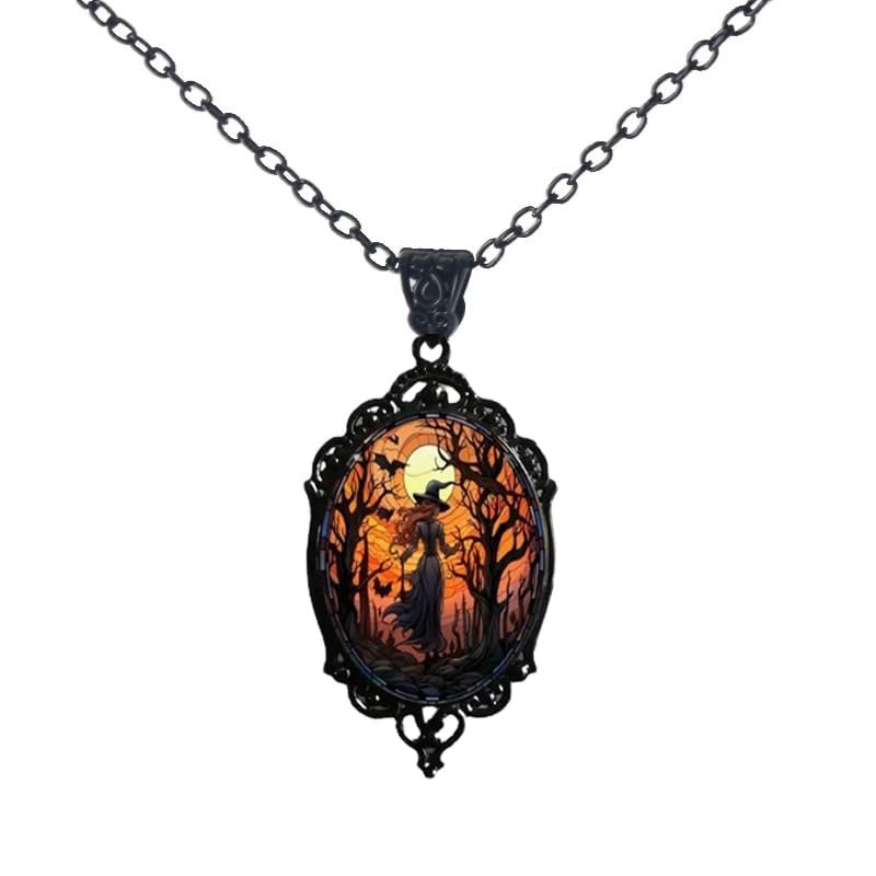 PINK TOWN Gothic Mystery Witch Cameo Necklace,Vintage Crystal Glass Witch Pendant Necklace Punk Style Mystery Necklace Goth Victorian Necklace Halloween Jewelry for Women (Black1)