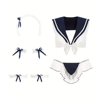 NOIAFZY 1Set Sexy Sailor Role-Play Costume with Bow Mesh Bra and Ruffle Thong Women's Lingerie Underwear Blue