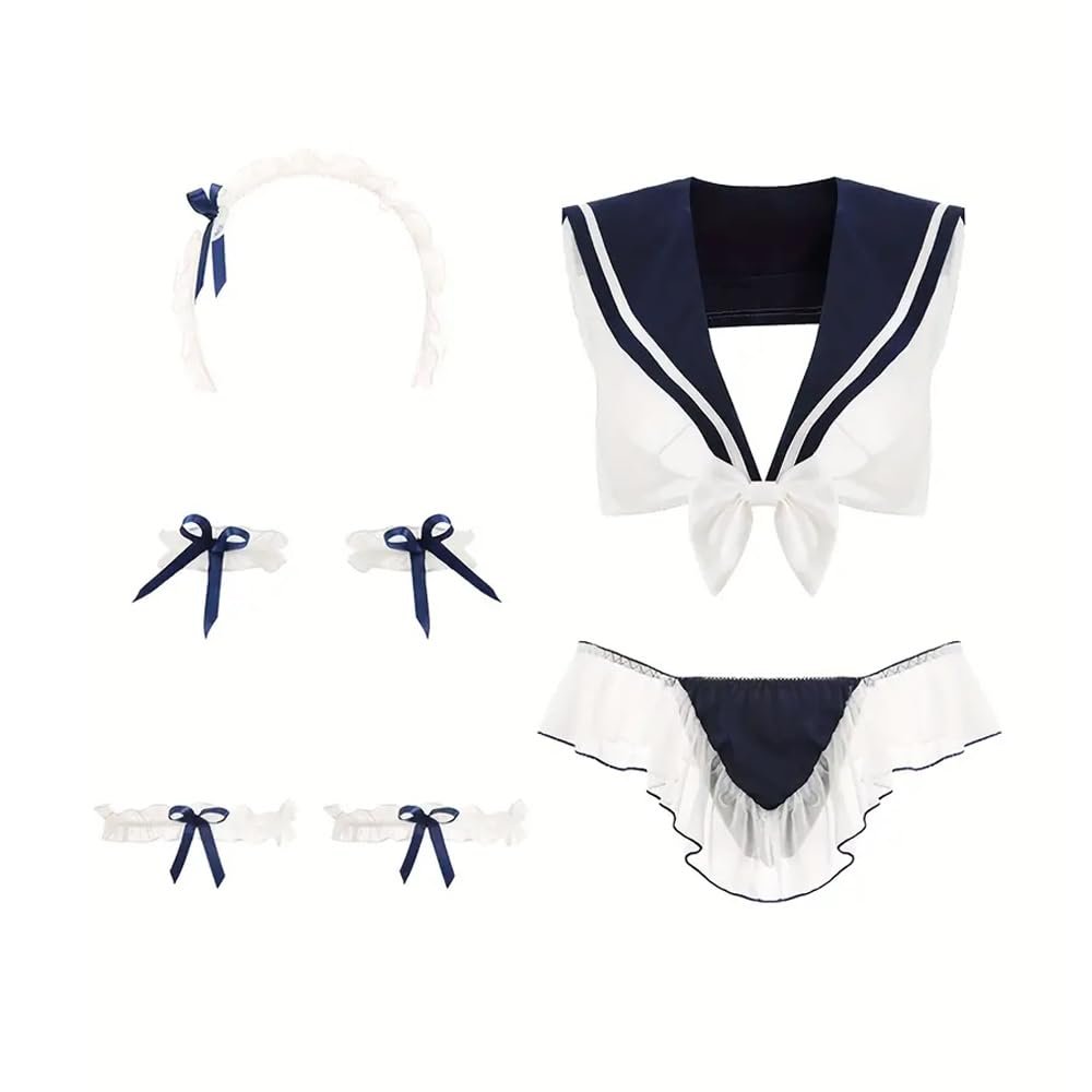 NOIAFZY 1Set Sexy Sailor Role-Play Costume with Bow Mesh Bra and Ruffle Thong Women's Lingerie Underwear Blue