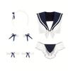 NOIAFZY 1Set Sexy Sailor Role-Play Costume with Bow Mesh Bra and Ruffle Thong Women's Lingerie Underwear Blue view 1