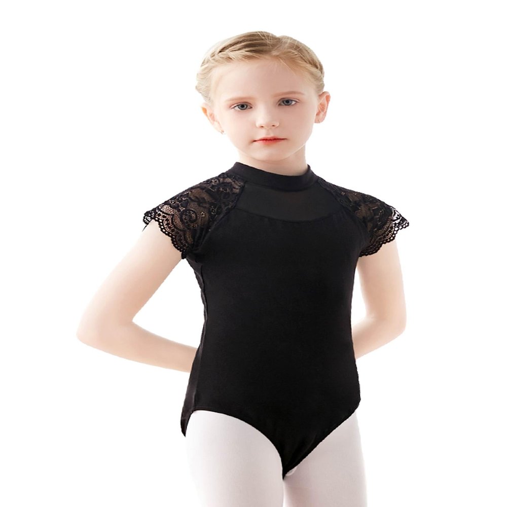 Avrigirl High Neck Black Toddler Girls Dance Leotards Lace Puff Sleeve Ballet Outfits for Training, Practice, Recitals