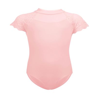 High Neck Pink Dance Leotards for Girls, Lace Ruffle Sleeve Ballet Attire for Recitals, Performance, Skating, Gymnastics