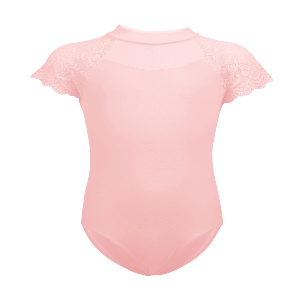 High Neck Pink Dance Leotards for Girls, Lace Ruffle Sleeve Ballet Attire for Recitals, Performance, Skating, Gymnastics