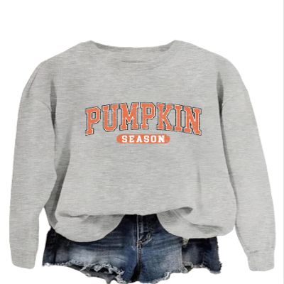 QYEKGXLLY Women's Vintage Fall Sweatshirt Pumpkin Distressed Letter Graphic Print Crew Neck Pullover Tops Halloween Shirt Grey