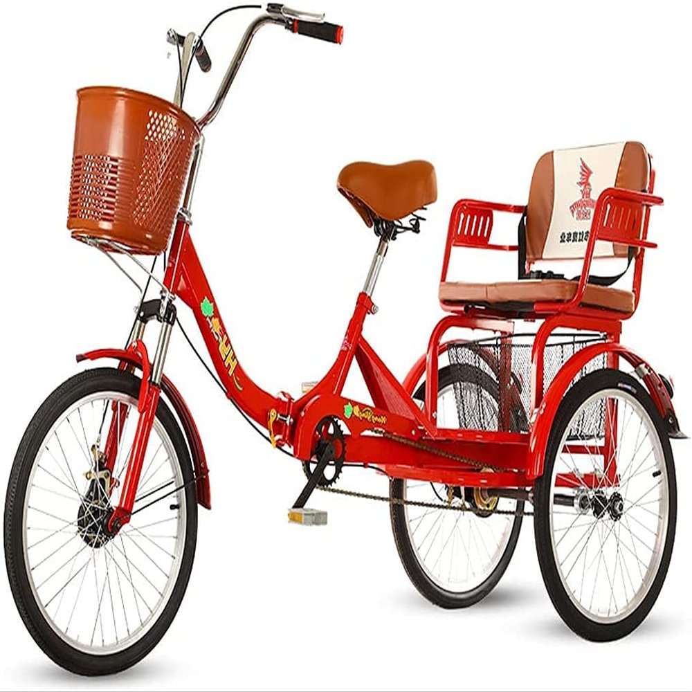 GRDDBZA Adult Tricycle - 3 Wheel Bikes for Adults Shopping 20" 1 Speed 3-Wheel Adult Tricycle Trike with Child Carrier Back Seat Double Chain Shock-Absorbing Front Fork