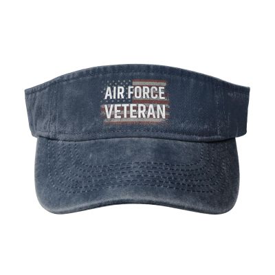 Air Force Veteran with USA Flag Sun Visor Hats for Women Men Adjustable Cotton Sun Hat Golf Cap Navy Blue