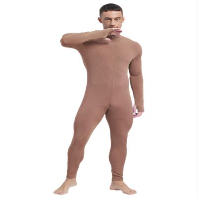 dPois Mens Mock Neck Long Sleeve Dance Unitard One Piece Full Bodysuit Athletic Jumpsuit Front Zipper Rompers Khaki X-Large