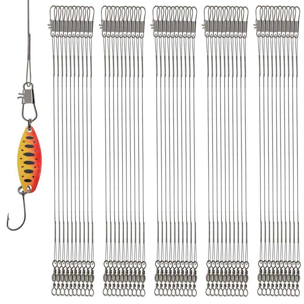 FREGITO 50pcs Stainless Steel Fishing Leaders, Fishing Leader Line with Swivels and Clips for Saltwater and Freshwater, 31LB Per Piece, 7.87inches(50pcs).