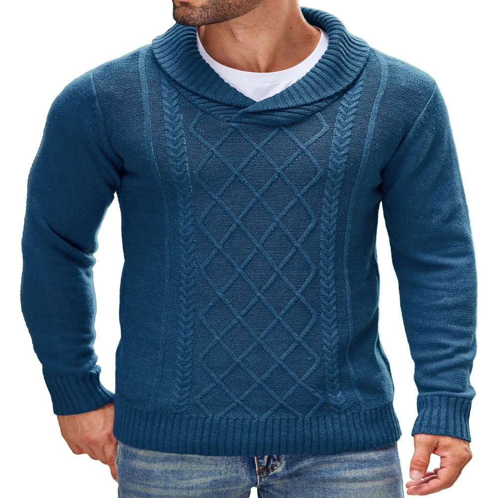 COOFANDY Men's Shawl Collar Sweaters V-Neck Relaxed Fit Cable Pullovers Denim Blue