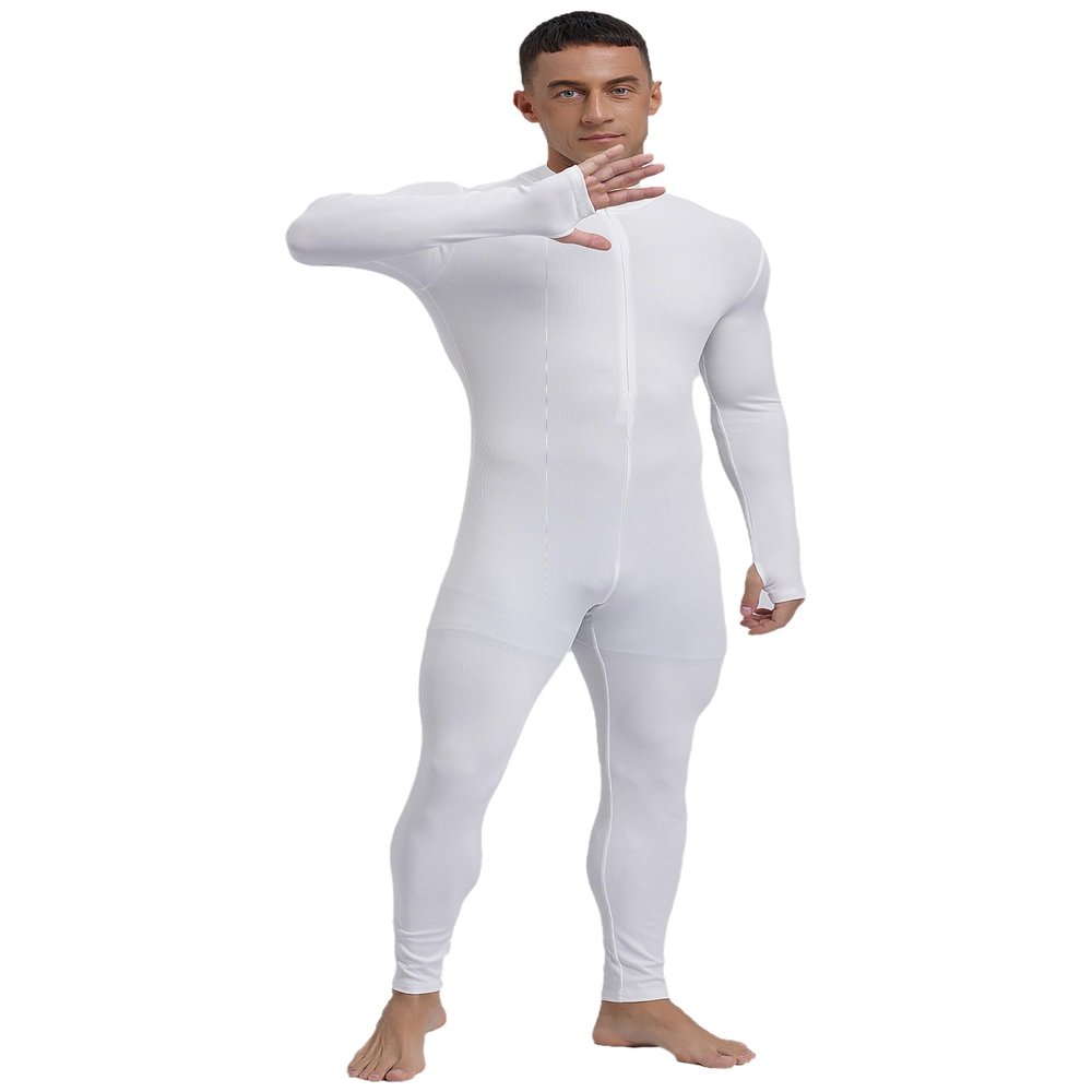 Oyolan Men's One Piece Full Body Unitard Leotard Front Zipper Long Sleeve Stretchy Bodysuits Athletic Jumpsuit White X-Large