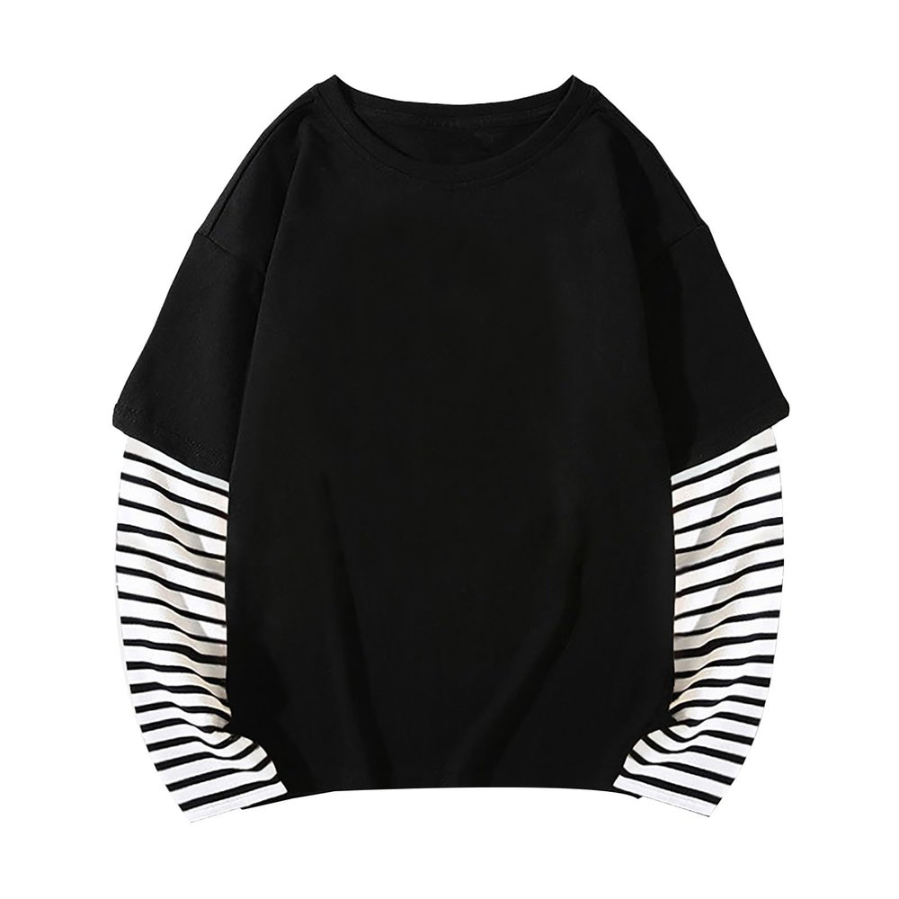 Boys Girls Spring Fall Long Sleeve Cotton False Two PC Striped Top T Shirt Girls Button down Shirt (Black, 9-10 Years)