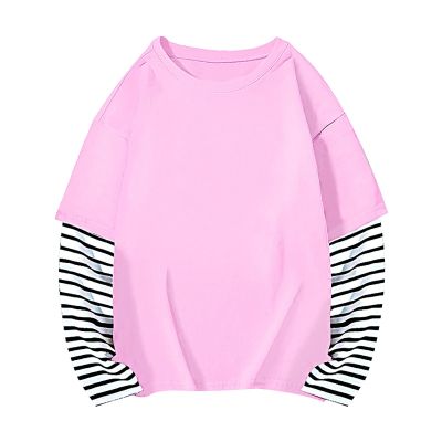Boys Girls Spring Fall Long Sleeve Cotton False Two PC Striped Top T Shirt Girls Button down Shirt (Pink, 4-5 Years)